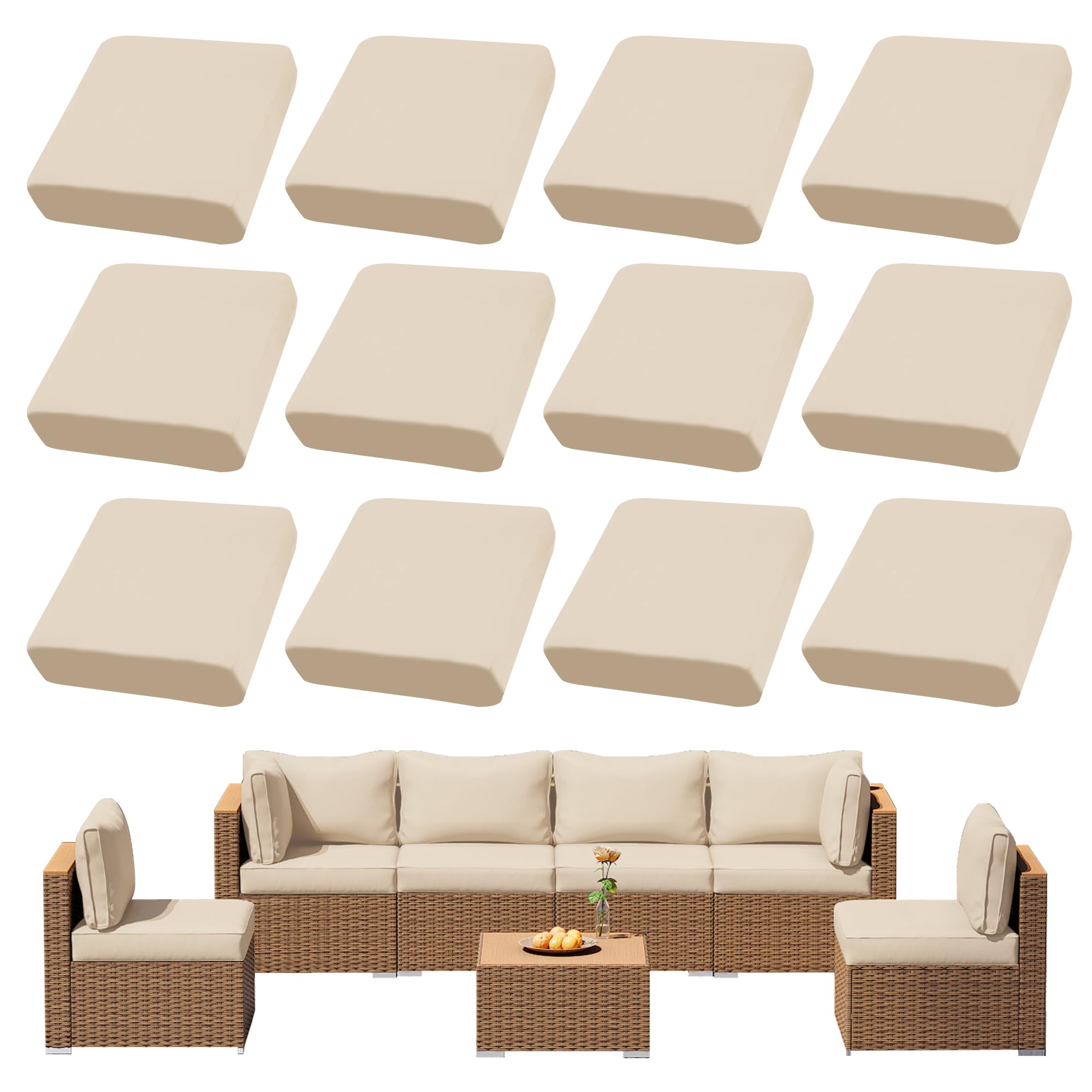 Photo 1 of DREAHOTEXTIL 12Pcs Outdoor Cushion Covers, Patio Cushion Covers,Stretch Elastic Slipcovers, Replacement Washable & Reusable Furniture Protector for Patio Couch (Beige,Cover Only)
