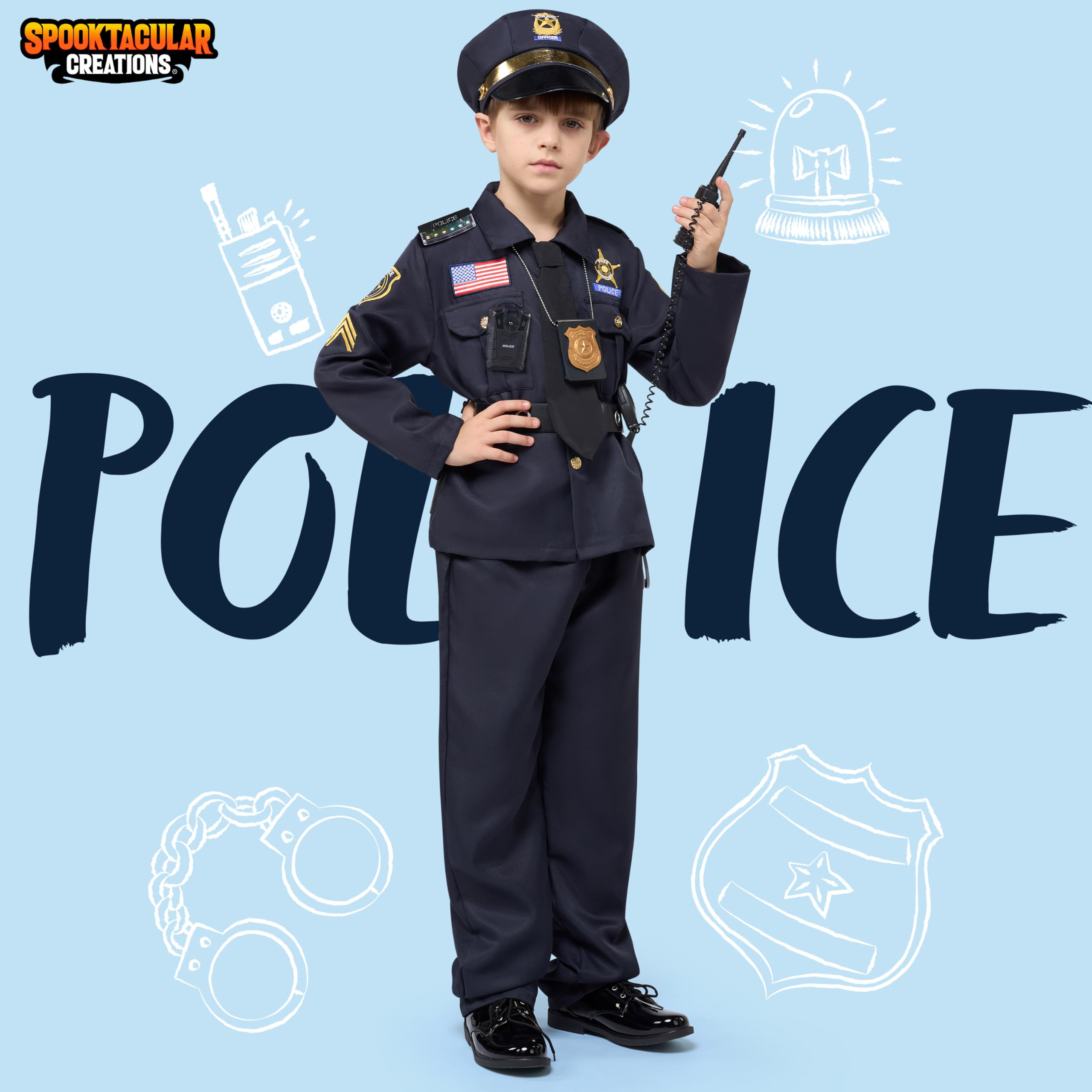 Spooktacular Creations 14PCS Halloween Police Costume for Kids, Police Officer Costume for Boys, Toddler RolePlay Party