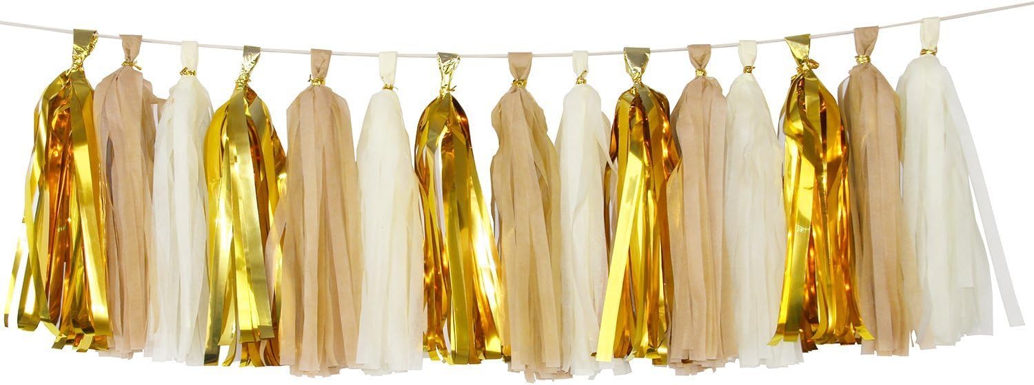 Voloker Tassel Garland, Tissue Paper Tassels for Wedding, Baby Shower, Event & Party Supplies, 15 pcs DIY Kits Package Contains Instructions - (Tan+Ivory+Metallic Gold)