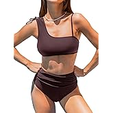 CUPSHE Women's Bikini Sets Two Piece Swimsuit High Waisted Drawstring Asymmetrical Neck Shirred Bathing Suits