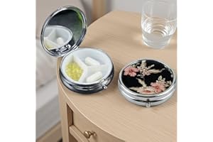Black Floral Design Pill Organizer - 3-Compartment Metal Pill Case with Mirror for Travel & Daily Use