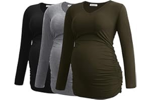 Smallshow Women's V-Neck Maternity Shirt Clothes Long Sleeve Ruched Pregnancy Top