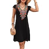Grosy Slim Women’s Mexican Embroidered Dress Fiesta, Ruffle Sleeve Boho Dresses Sleeveless Traditional Floral Sundress