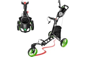 BOBOPRO Golf Push Cart, 3 Wheel 360 Rotating Front Wheel Foldable Golf Cart for Golf Bag with Foot Brake, Umbrella Holder and Insulation Bag (Green)