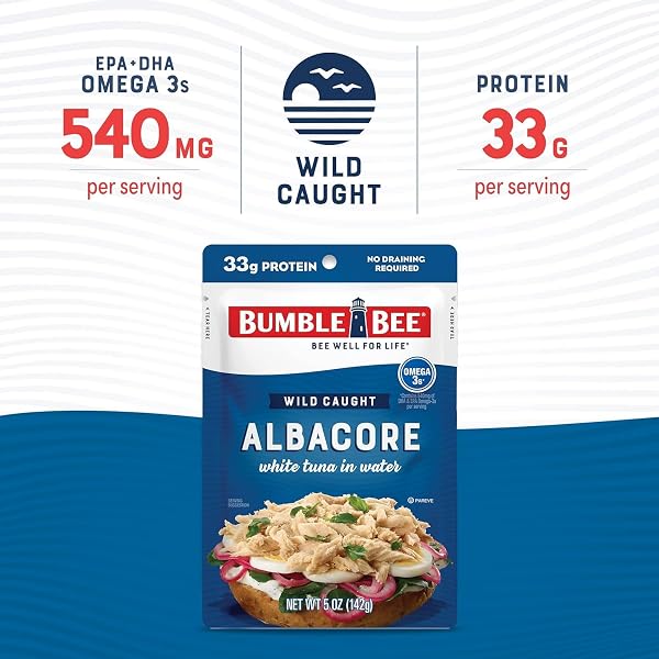 BUMBLE BEE CHUNK WHITE ALBACORE TUNA IN WATER, 5 OZ POUCH – READY TO EAT WILD CAUGHT TUNA PACKET – 33G PROTEIN PER POUCH, HIGH IN OMEGA-3S – NON-GMO, GLUTEN FREE, KOSHER