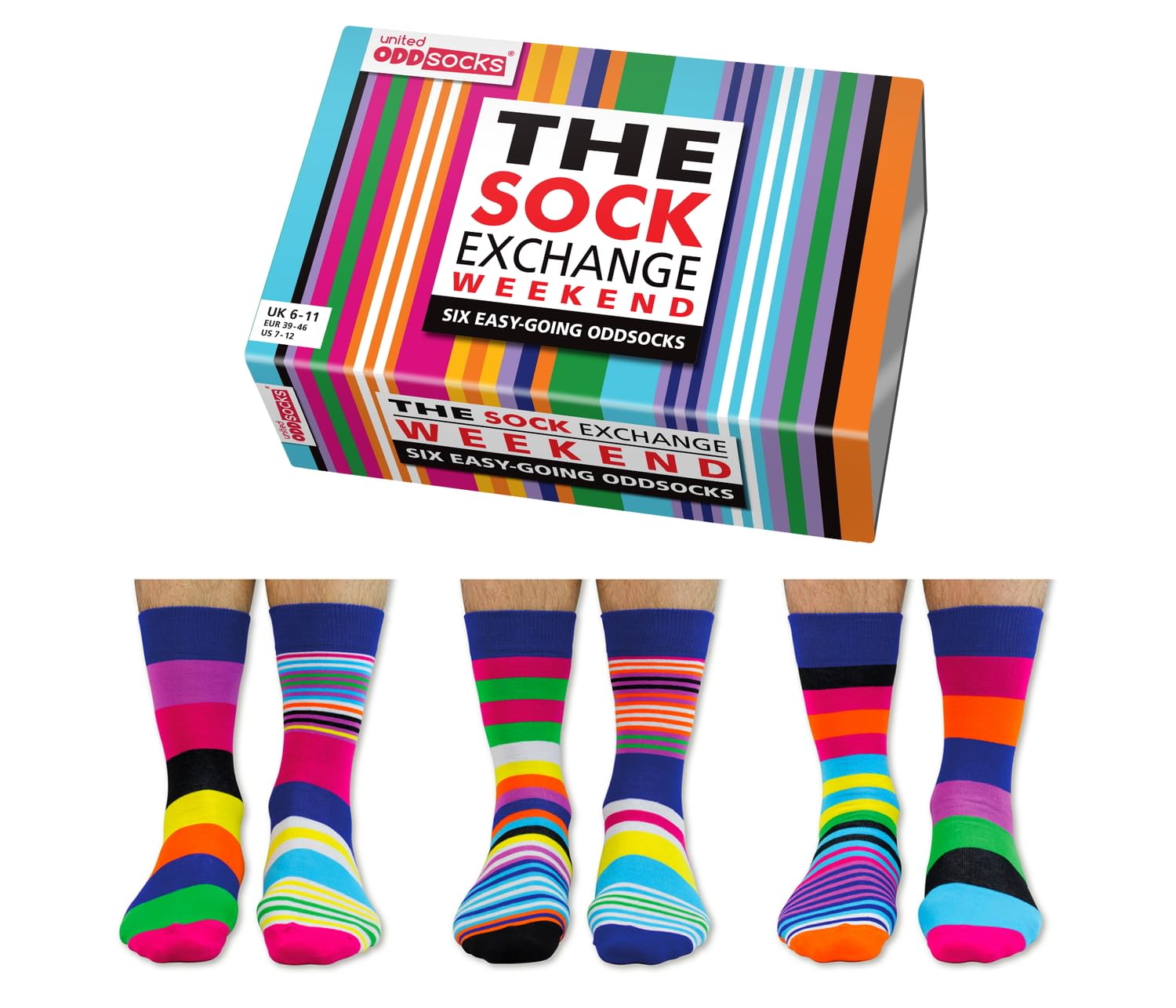United Oddsocks The Sock Exchange Weekend Gift Box – 6 Colourful Easy-Going Mix & Match Odd Socks for Men – UK 6–11, EUR 39–46, US 7–12 – Fun Striped Novelty Socks Gift for Birthdays & Weekends