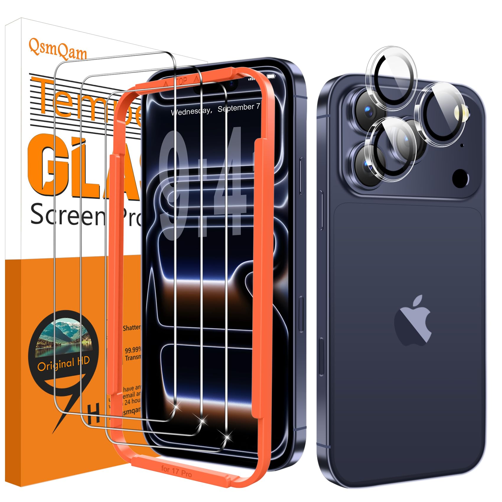Photo 1 of QsmQam 3 Pack Screen Protector for iPhone 17 Pro 6.3 Inch + 1 Pack Individual Camera Lens Protector, Ultra HD Tempered Glass, Military Grade Shatterproof, Case Friendly [with Installation Frame]