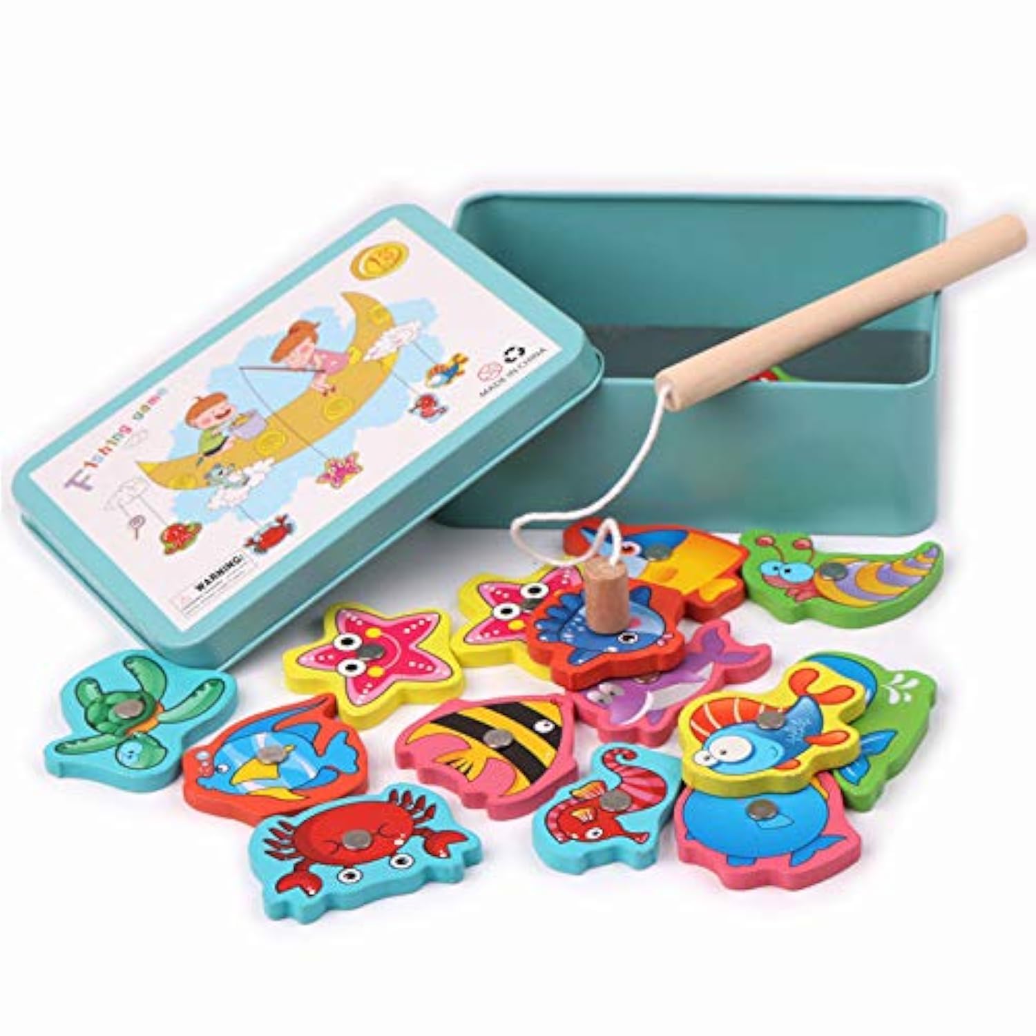 LHKJ Wooden Fishing Puzzle Game with 15 Pieces, Magnetic Rods, 15 Fishes, 1 Submarine, 1 Poster, Vibrant Style, Aquatic Theme, 3-5 Years, 2 Players
