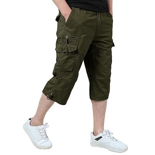 KEFITEVD Cargo Hose 3/4 Herren Bermuda Shorts Multi Tasche Army Sommer Kurze Freizeithose Baumwolle Gummibund Lässig