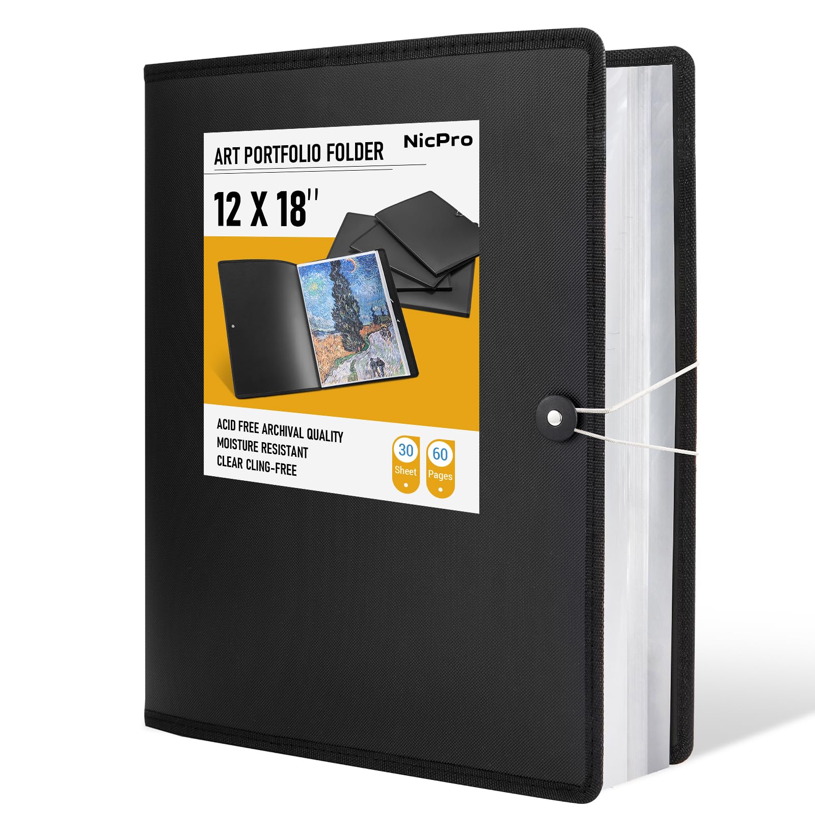 Photo 1 of ***(USED)***Nicpro 12x18" Art Portfolio Folder, 30 Pockets Display 60 Pages Art Painting Portfolio Binder with Clear Plastic Sleeves, Presentation Storage Book for Kids & Artists Artwork Drawing - (Black)