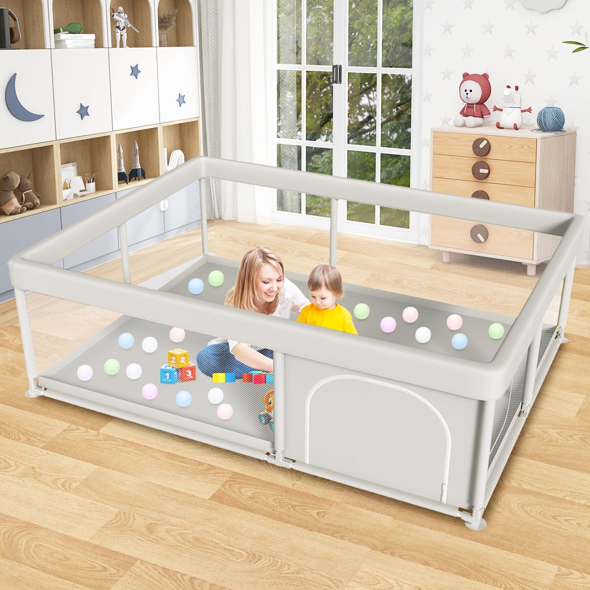 besuhot 65x50 Inch Large Baby Playpen, PlayPen for Babies and Toddlers, Sturdy Safety Play Yard for Indoor & Outdoor with Zipper Gates, Anti-Fall Image