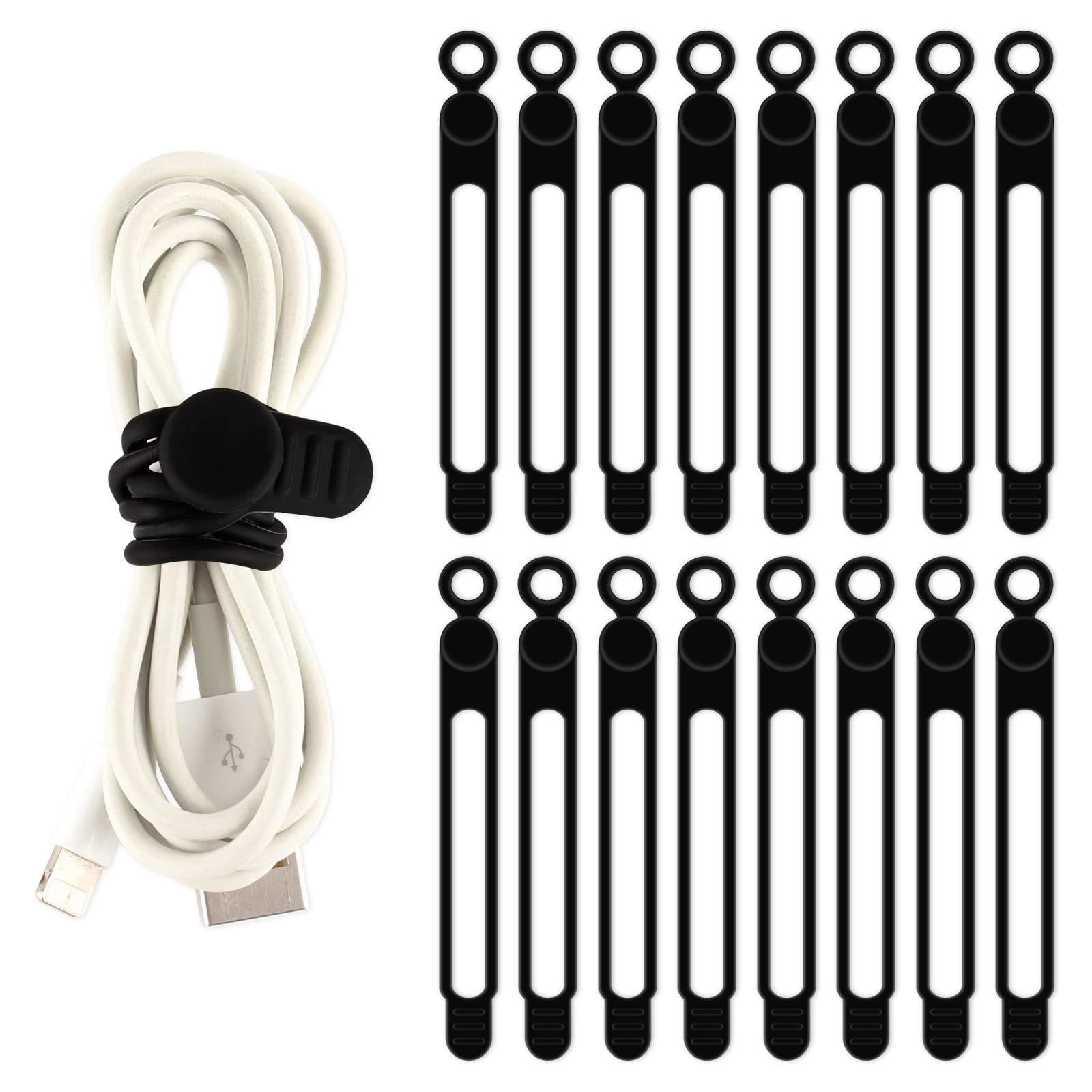 TamBee Cable Ties Reusable Silicone Cable Straps 16pcs Cable Wire Ties Cable Cord Organizers for Earphone Phone Charger Audio Cable Computer (16Pcs, Black) — image 1