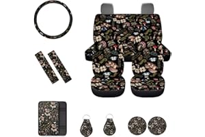 FUIBENG Mushroom Car Seat Covers with Butterfly Snail Daisy Flower Seat Protection for Vehicle SUV Truck,Durable Non Slip Auto Steering Wheel Covers Coaster Keychains Seatbelt Pads Armrest Pad 12 Pcs