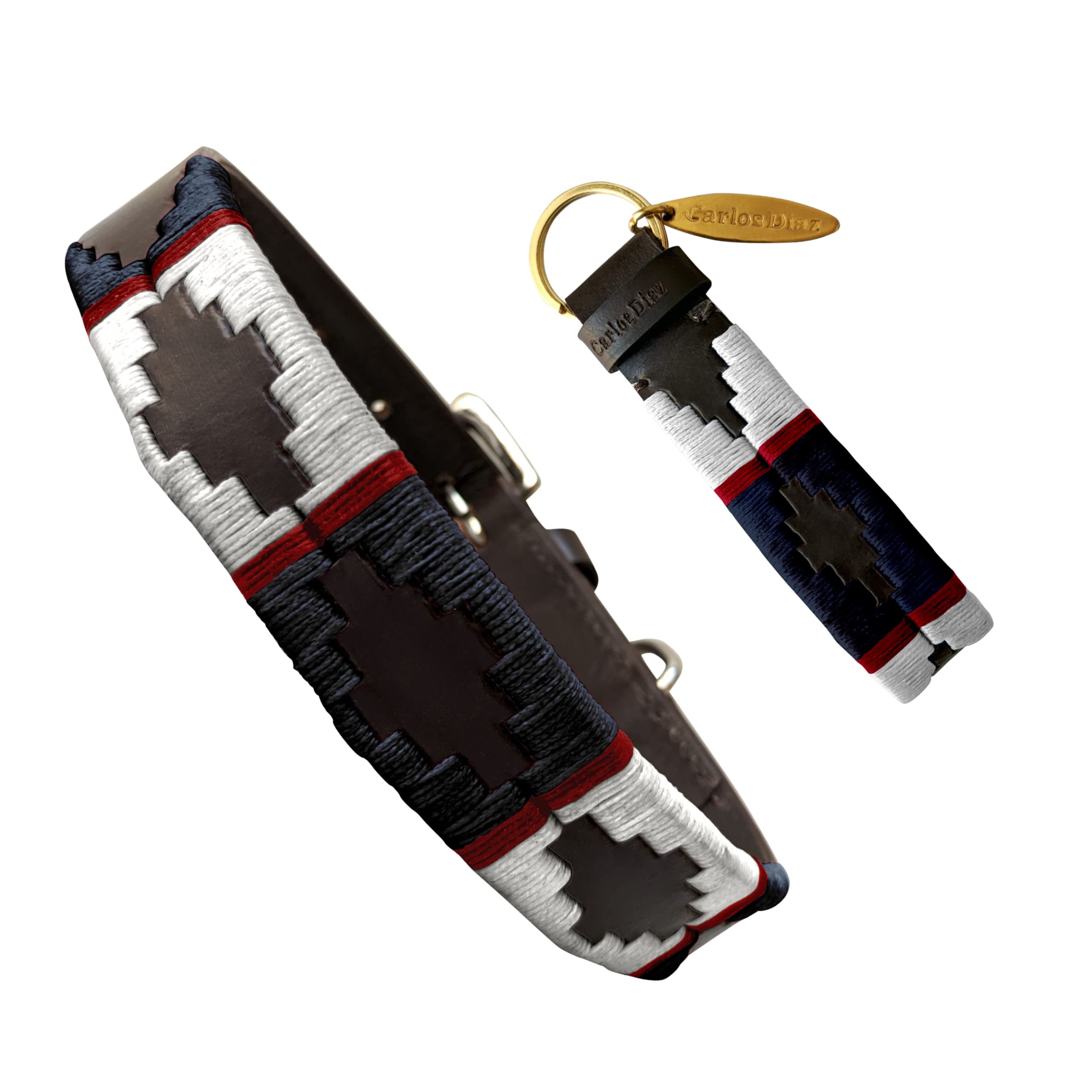 Carlos Diaz Genuine Leather Waxed Embroidered Polo Dog Collar L