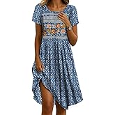 Womens Sundress 2025 Summer Boho Floral Short Sleeve Crewneck Midi Dress Casual A-Line Flowy Knee Lenth Dress with Pocket