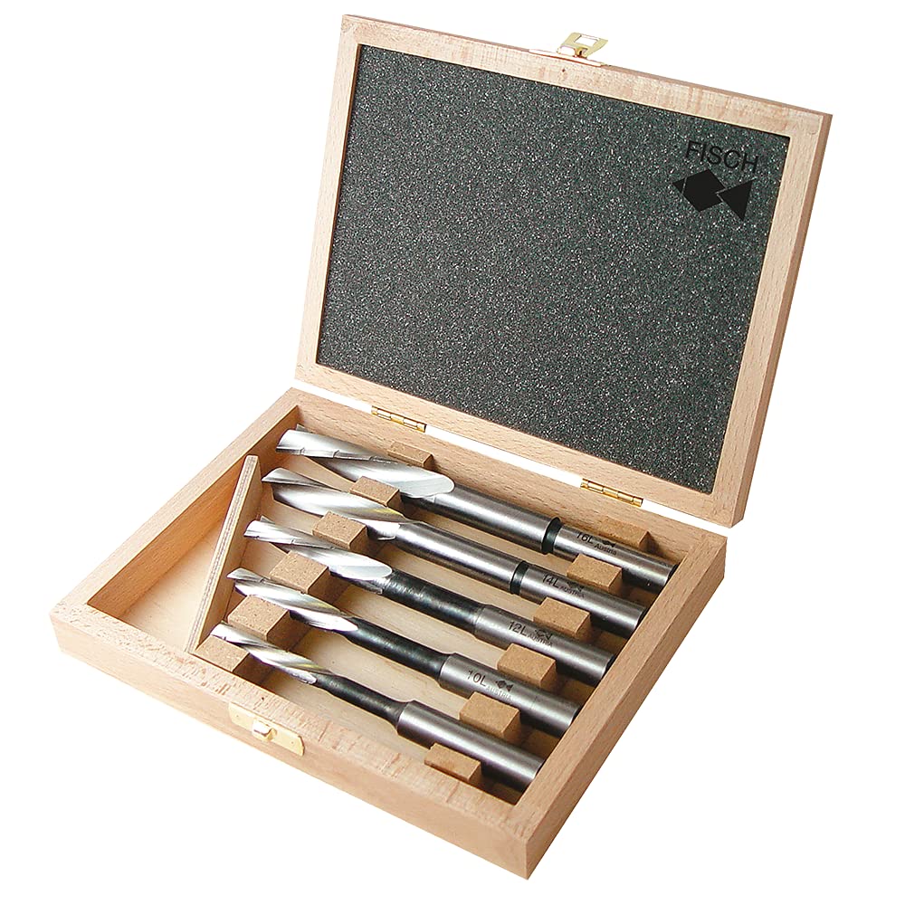 Slotted Drill Bit Set 5 Pieces Twisted Design Left Hand Diameter 8-16 mm Shaft 16 mm in a Wooden Case