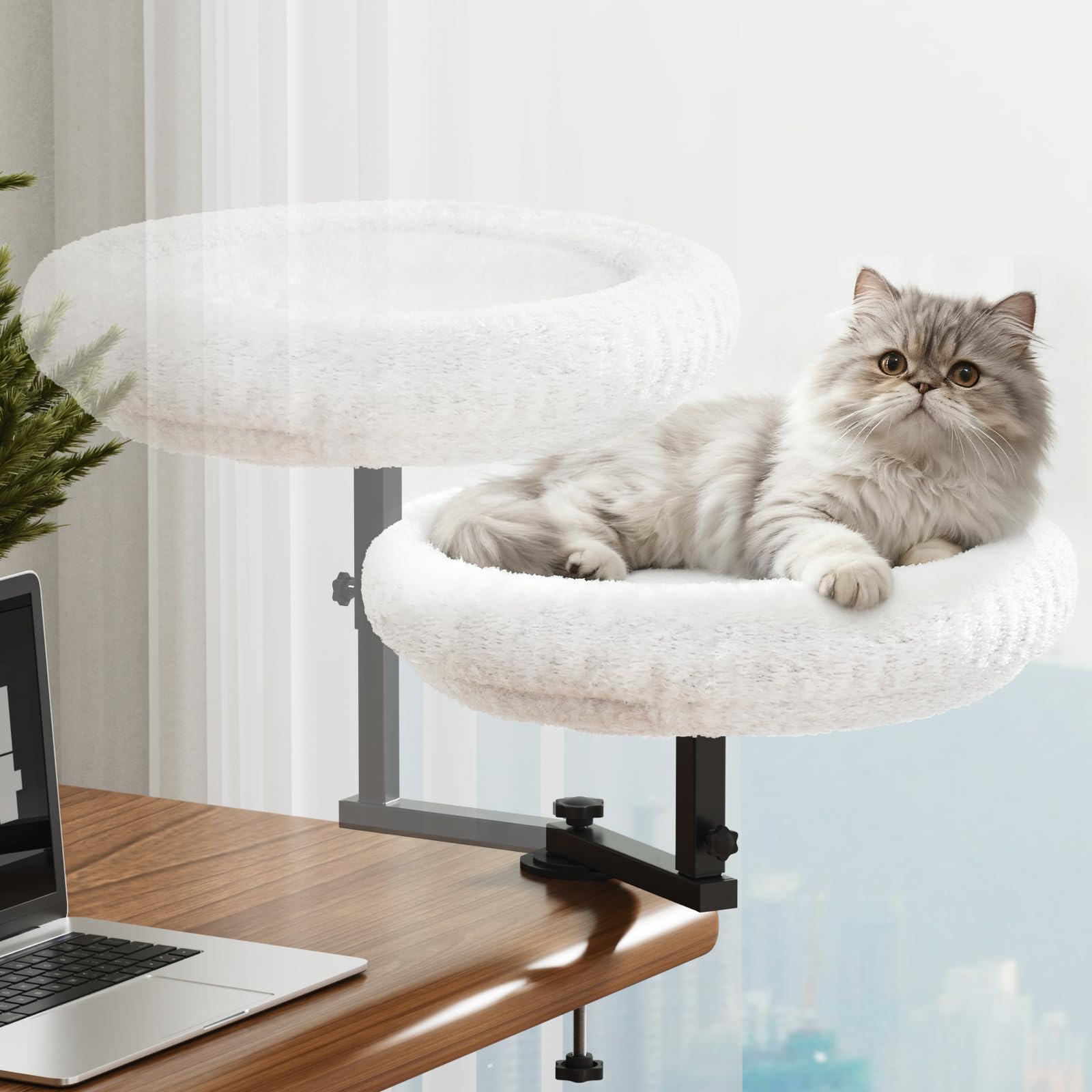 Photo 1 of VERIFOST Adjustable Cat Desk Bed, 360° Rotatable Elevated Desk Cat Bed for Home Office, Space-Saving Design Table Supports Up to 60 lbs, Soft Faux Fur Bed with Removable Washable Cover (Beige)