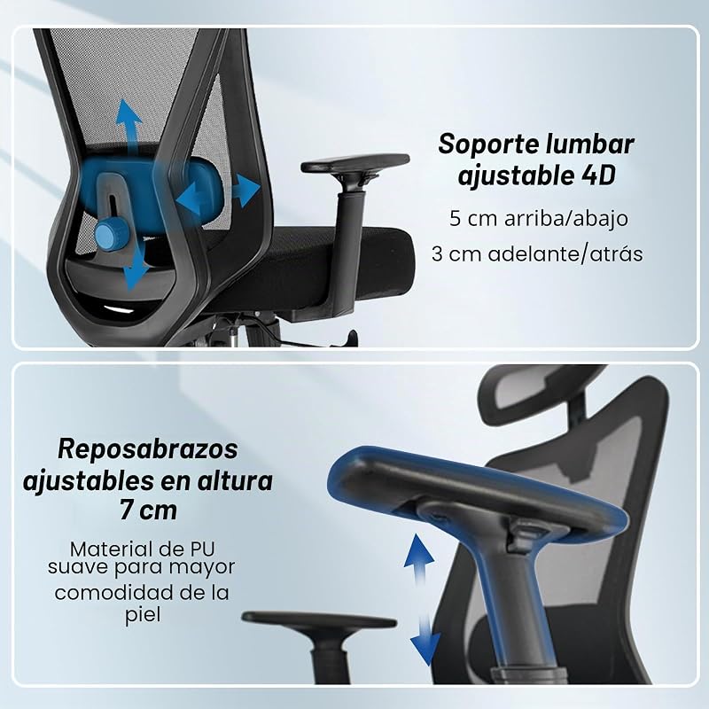 Silla de Oficina Ergonómica, Silla de Escritorio con 3 Niveles de Inclinación, Reposacabezas Ajustable, Respaldo Lumbar y Respaldo de Brazos, Silla Ejecutiva Resistente hasta 150 kg, Silla