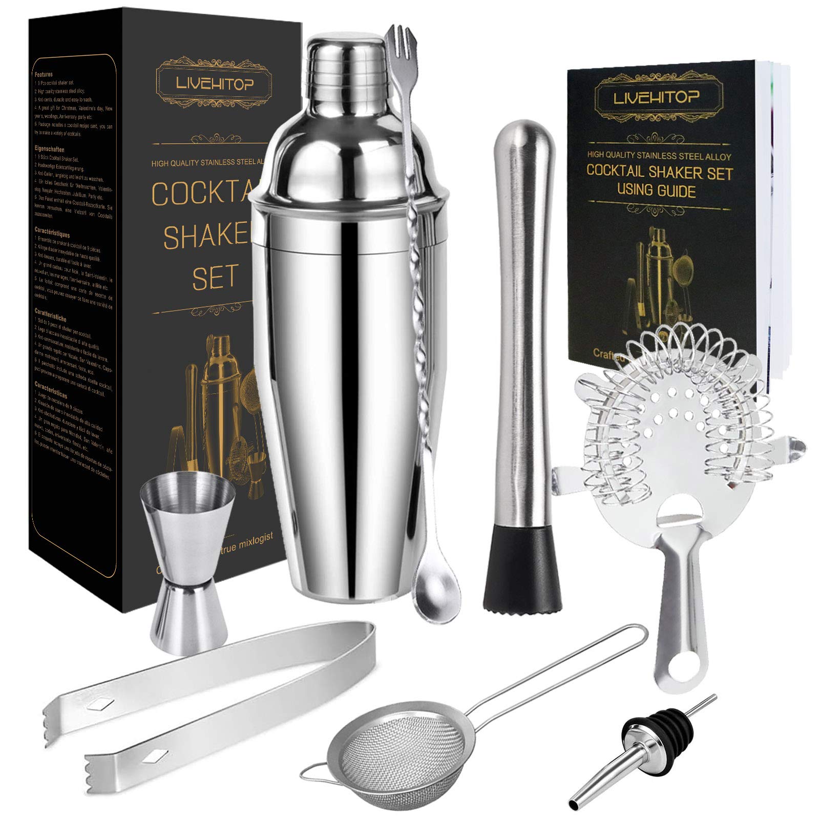 LIVEHITOP Cocktail Making Set, 9Pcs Stainless Steel Bartender Kit Professional Cocktail Shaker Set with 750ML Boston Shaker for Home, Bar, Party