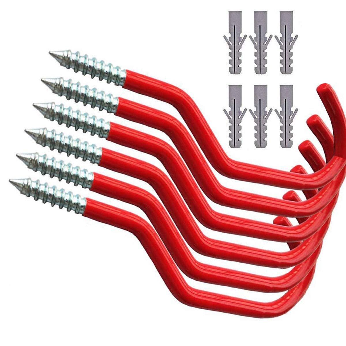 Coocnh Bike Hooks Heavy Duty Bicycle Storage Hooks Set Screw-in Utility Storage Hangers Shed Garage Garden Hook Plastic Coated Wall Mounted/Ceiling for Mountain/Road Bikes Red Pack of 6