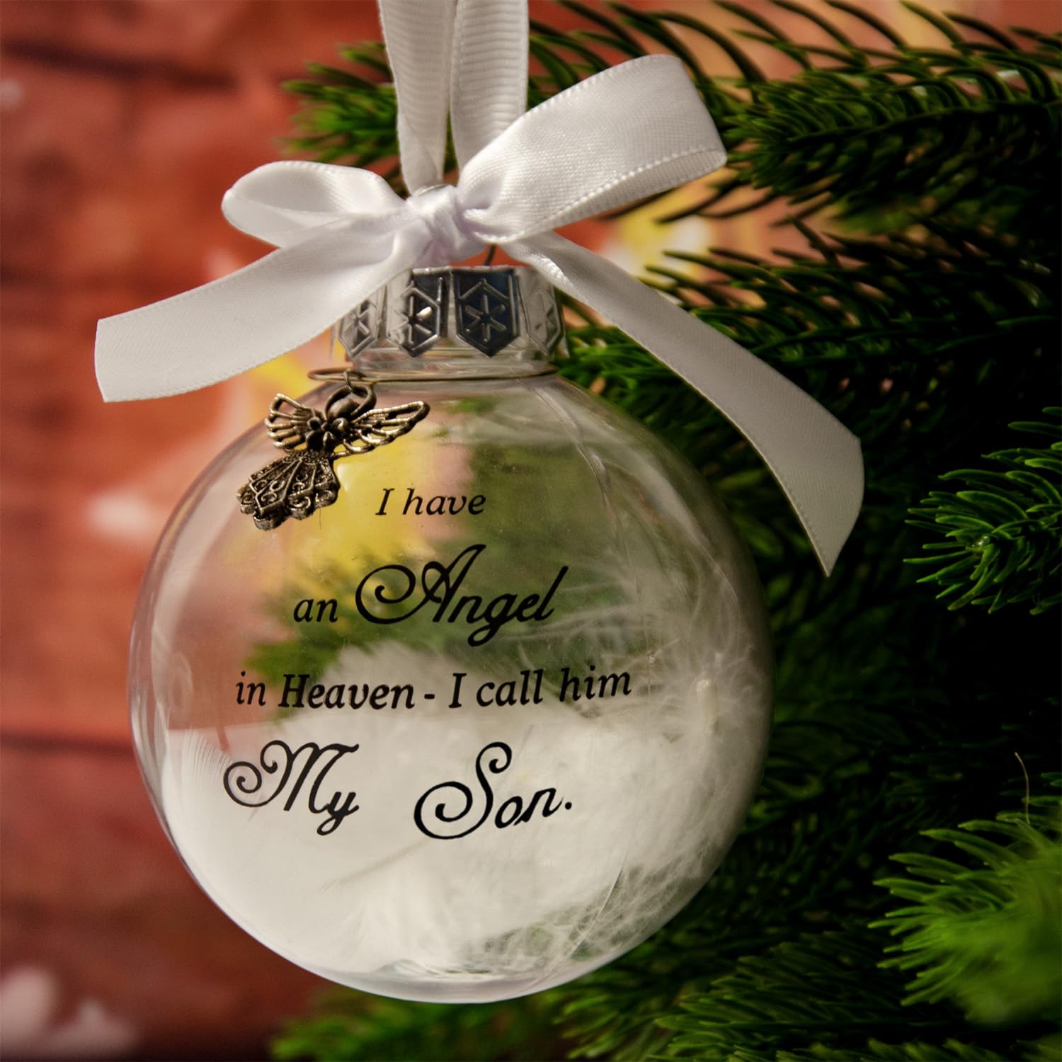 Christmas Memorial Bauble, I Have an Angel in Heaven Bauble, Memorial Christmas Ornaments, Clear White Feather Memorial Bauble, Christmas Tree Remembrance Decoration (Son)