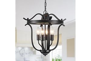 Yidelloc Black Chandelier Farmhouse Cage Pendant Light E12 4 Light Ceiling Light Fixtures Vintage Chandeliers for Dining Room Kitchen Entryway Hallway Foyer