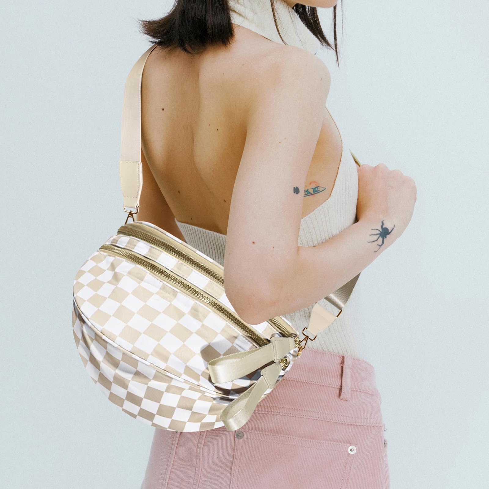 NEWROGENG Checkered Crossbody Bags for Women, Large Nylon Bum Bags Plus Size Fanny Pack Sling Bag Belt Bag for Women Travel, Beige Checkered
