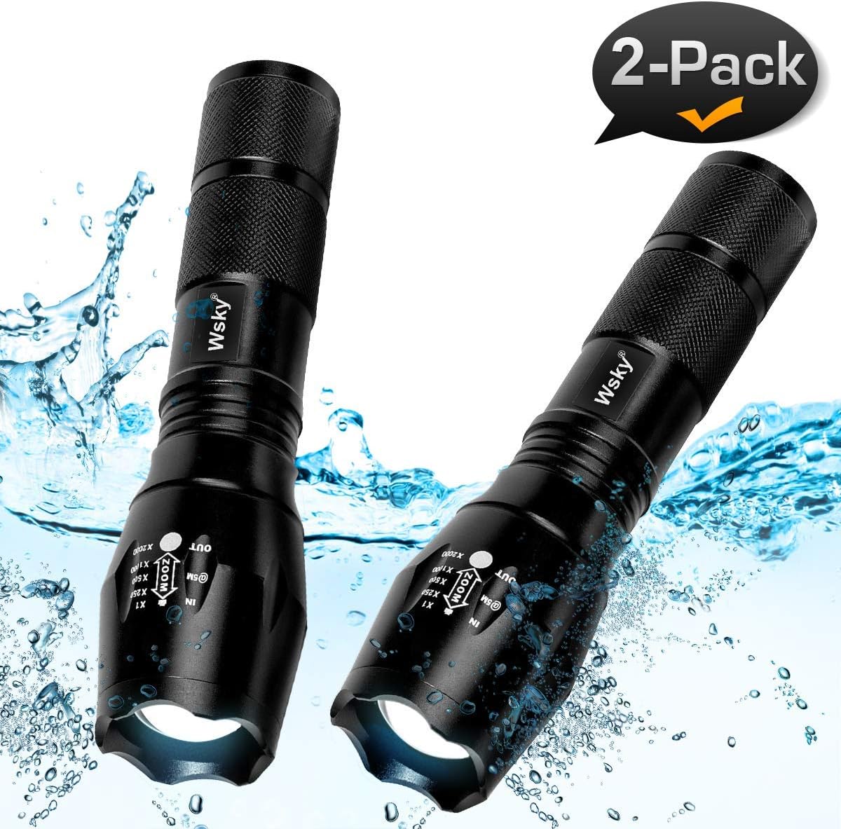 Wsky LED Tactical Flashlight, Best S1800 High-powered Flashlight, Zoomable, 5 modes, Water Resistant, Handheld Light, High Lumen Outdoor, Hiking, Camping, Emergency Flashlights (Battery not included)