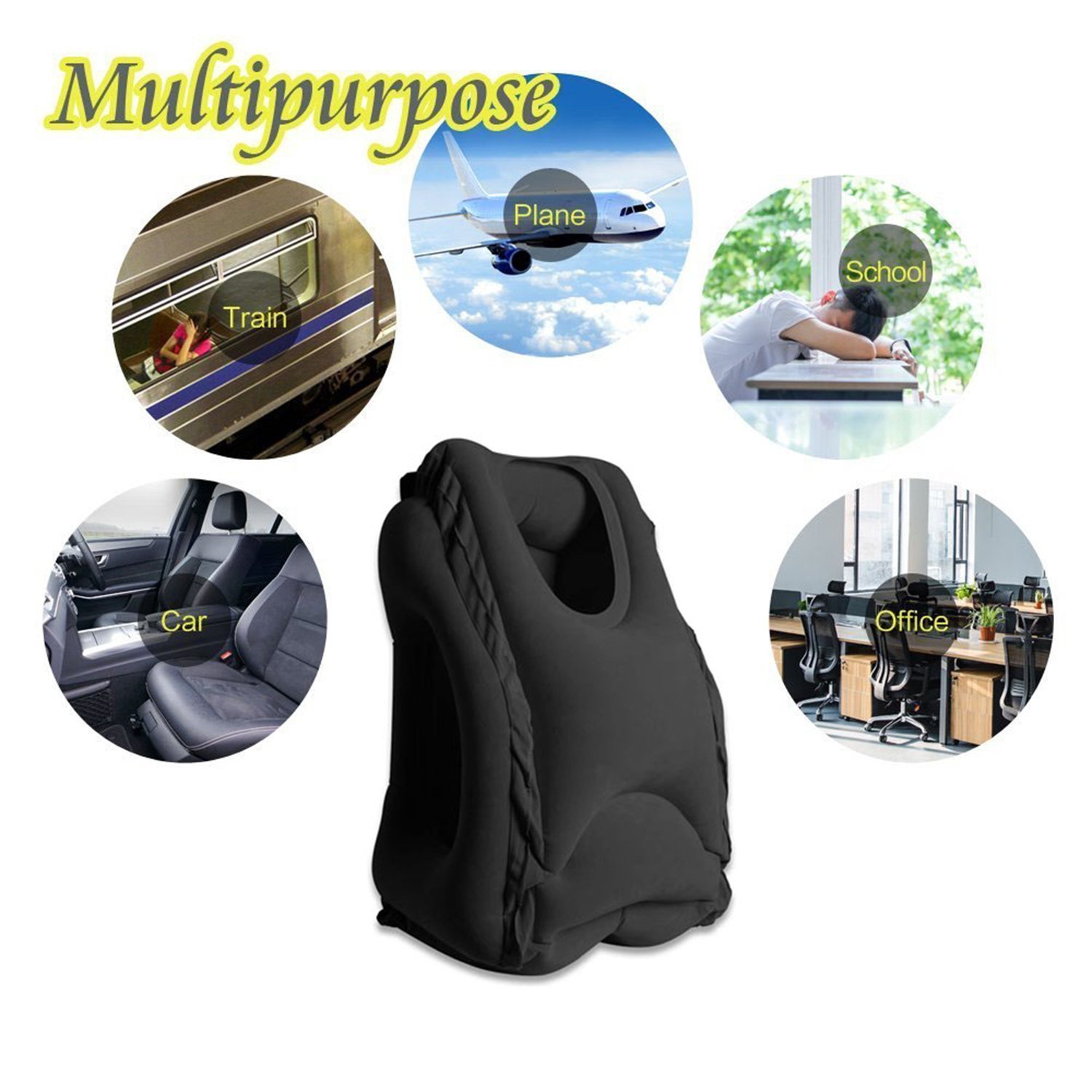 Inflatable Travel Pillow, WOWGO Airplane Neck Pillow Comfortable Pillows with Arms for Outdoor Travelling Camping, Air Planes, Trains, Cars, Buses and Indoor Office Napping [Updated Version] (Black)