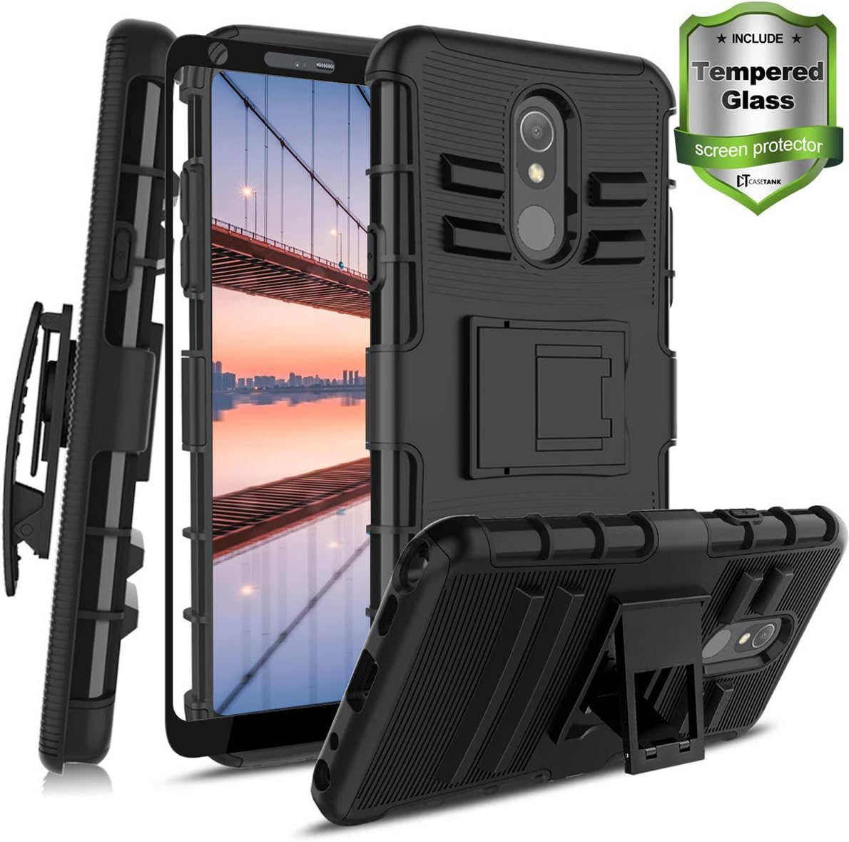 Compatible with stylo 5 Case,Stylo 5 Plus,Stylo 5V,Stylo 5 + Case W [Tempered Glass Screen Protector] Built-in Kickstand Swivel Combo Holster Belt Clip Hard PC Back & Soft TPU Inner Armor, Black