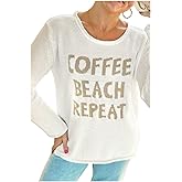 Women's Letter Print Sweater Casual Crewneck Coffee Beach Graphic Loose Knitted Pullover Tops