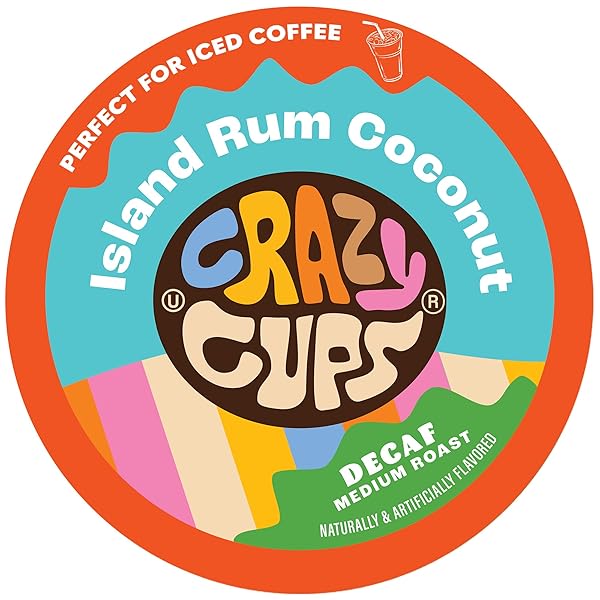 CRAZY CUP DECAF FLAVORED COFFEE PODS, DECAFFEINATED ISLAND RUM COCONUT SINGLE SERVE COFFEE CUPS FOR K CUP KEURIG MACHINES, BREW HOT OR ICED, 22 COUNT