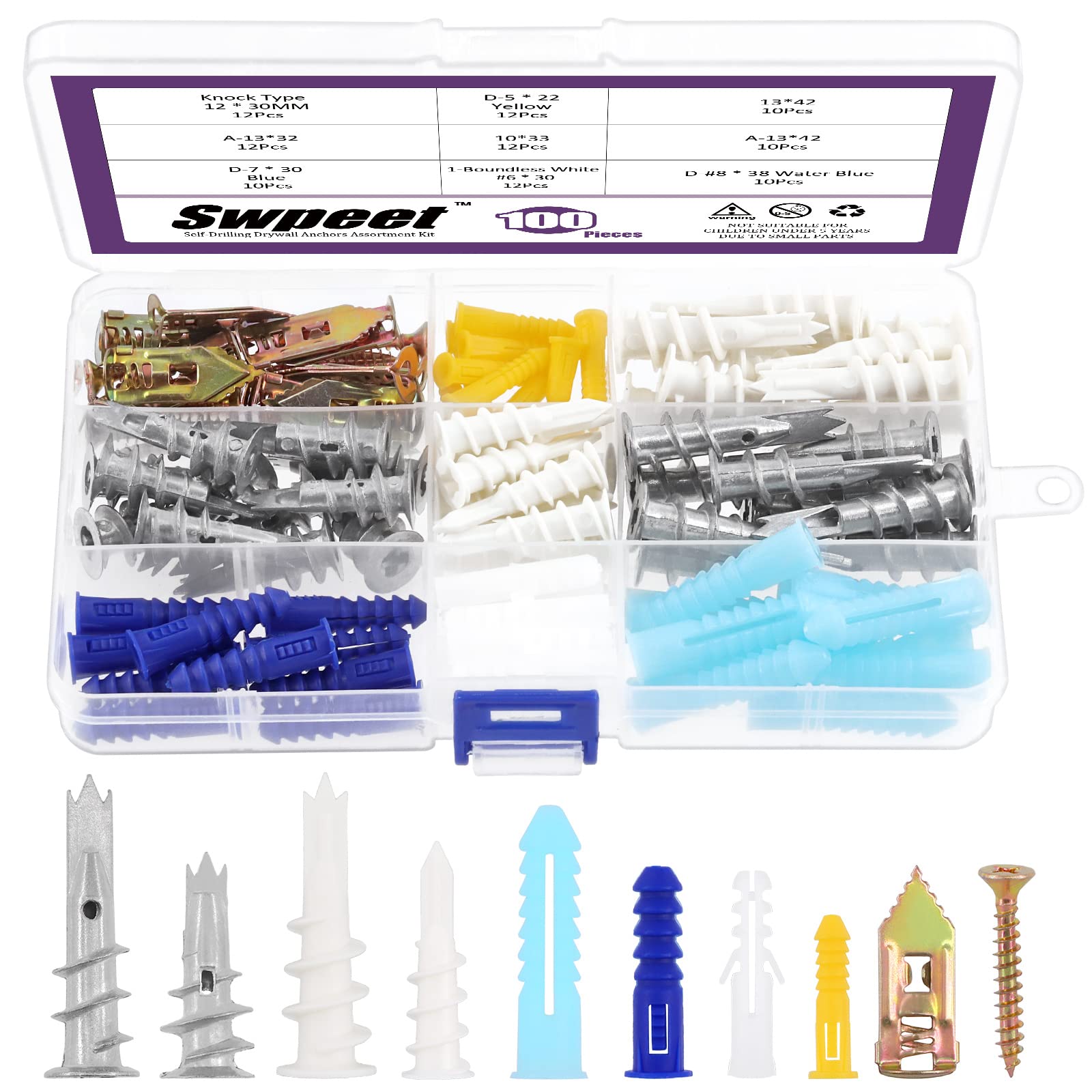 Swpeet 100Pcs 9 Styles Plastic Wall Anchors Hollow Wall Anchors Drywall Anchors Assortment Kit, Self Drilling Drywall Plastic Anchors Self Tapping Anchor for Hanging - No Pre Drill Hole