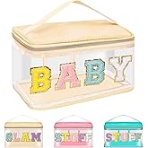 Iqimott Preppy Clear Makeup Bag Baby Pouch, Chenille Letter Cosmetic Bag for Women Girls, Nylon PVC Toiletry Storage Handbag, Travel Transparent Waterproof Zipper Pouch with Handle(Baby, Beige)