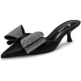 Tsrenlmln Women's Pointed Toe Kitten Heel Mules - Rhinestone Bow Sandals for Dates, Parties, Weddings | Comfortable Heeled Cloth Mules with Non-Slip Sole