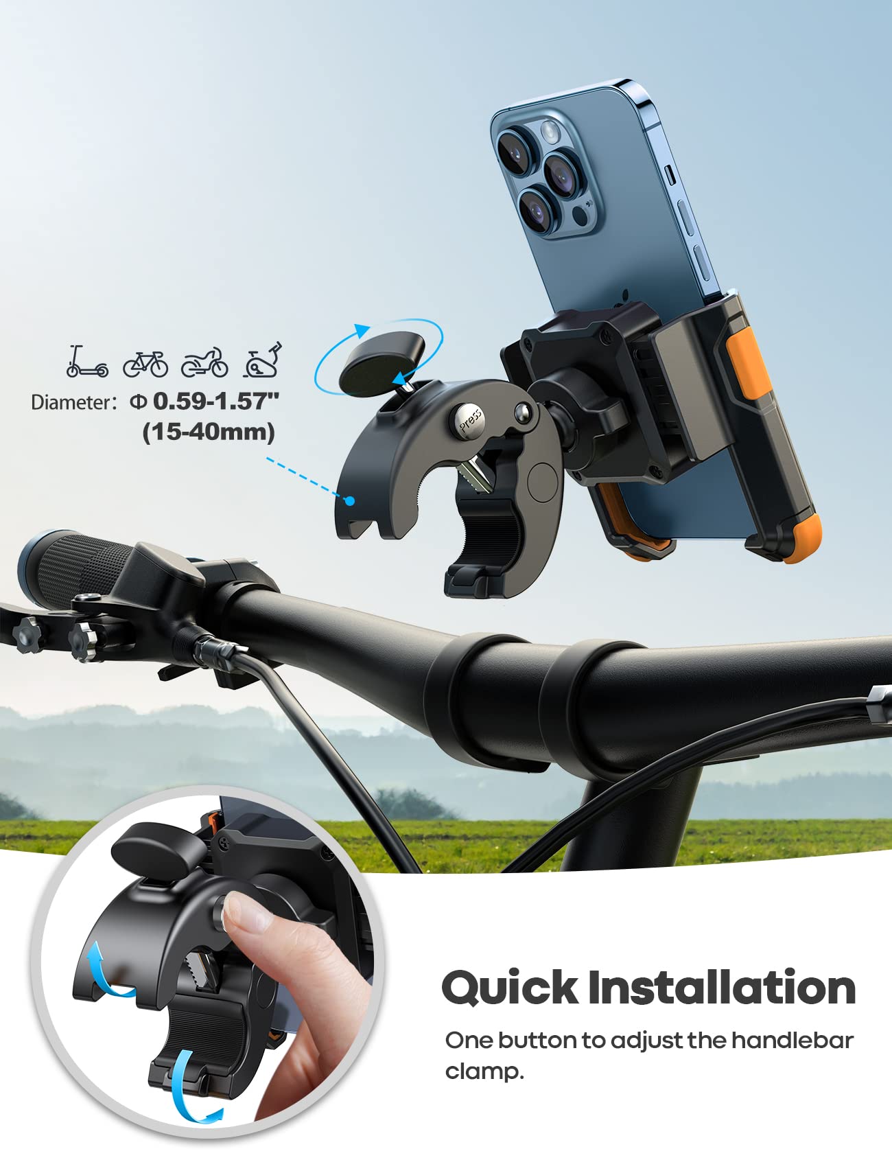 Lamicall Motorcycle Phone Mount Holder - [Camera Friendly] [1s Lock] Bike Phone Holder Handlebar Clamp, Bicycle Scooter Phone Clip, for iPhone Air, 17, 16, 15 Pro Max, Galaxy, 4.7-7