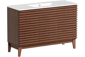 ROOMTEC 48" Bathroom Vanity with Sink, Mid-Century Freestanding Bathroom Vanity Sink with Storage, Undermount Ceramic Sink, Cabinet Particleboard Frame with Wood Grain Laminate, Walnut
