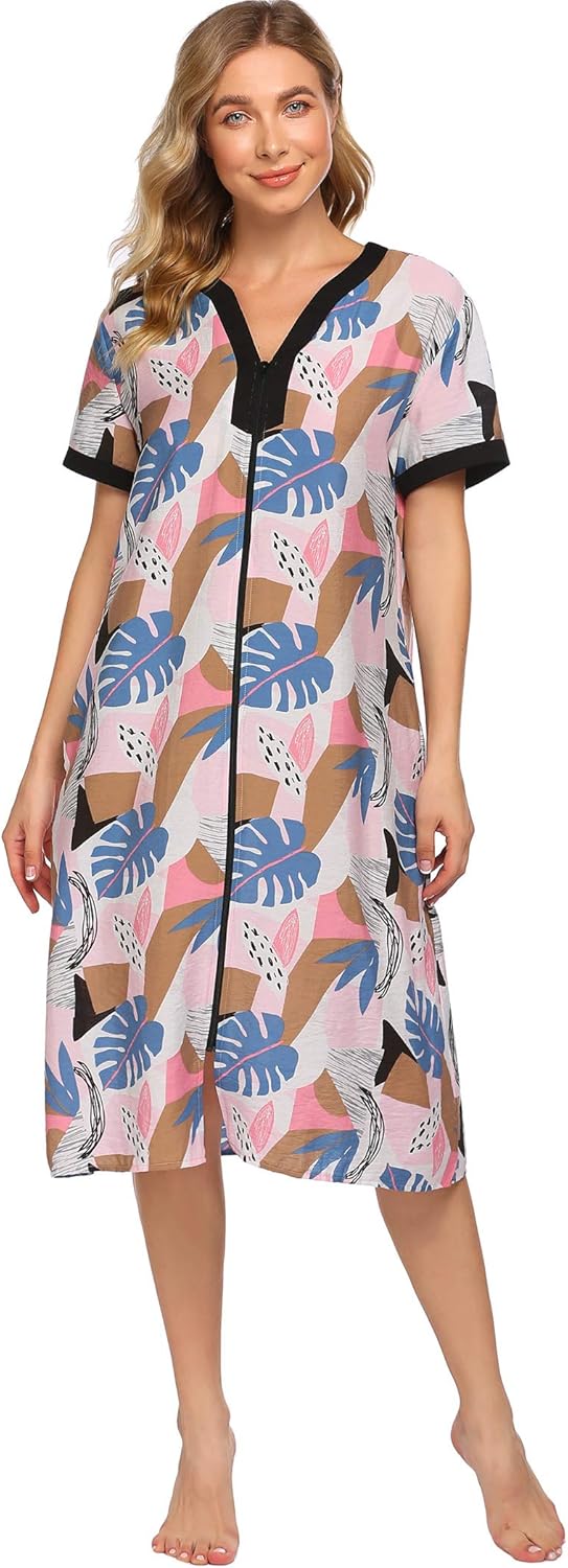 Ekouaer Nightgown Women Housecoats Zipper Front Robe V Neck Ladies Lightweight Duster & Long Houedress with Two Pockets at  Women’s Clothing store