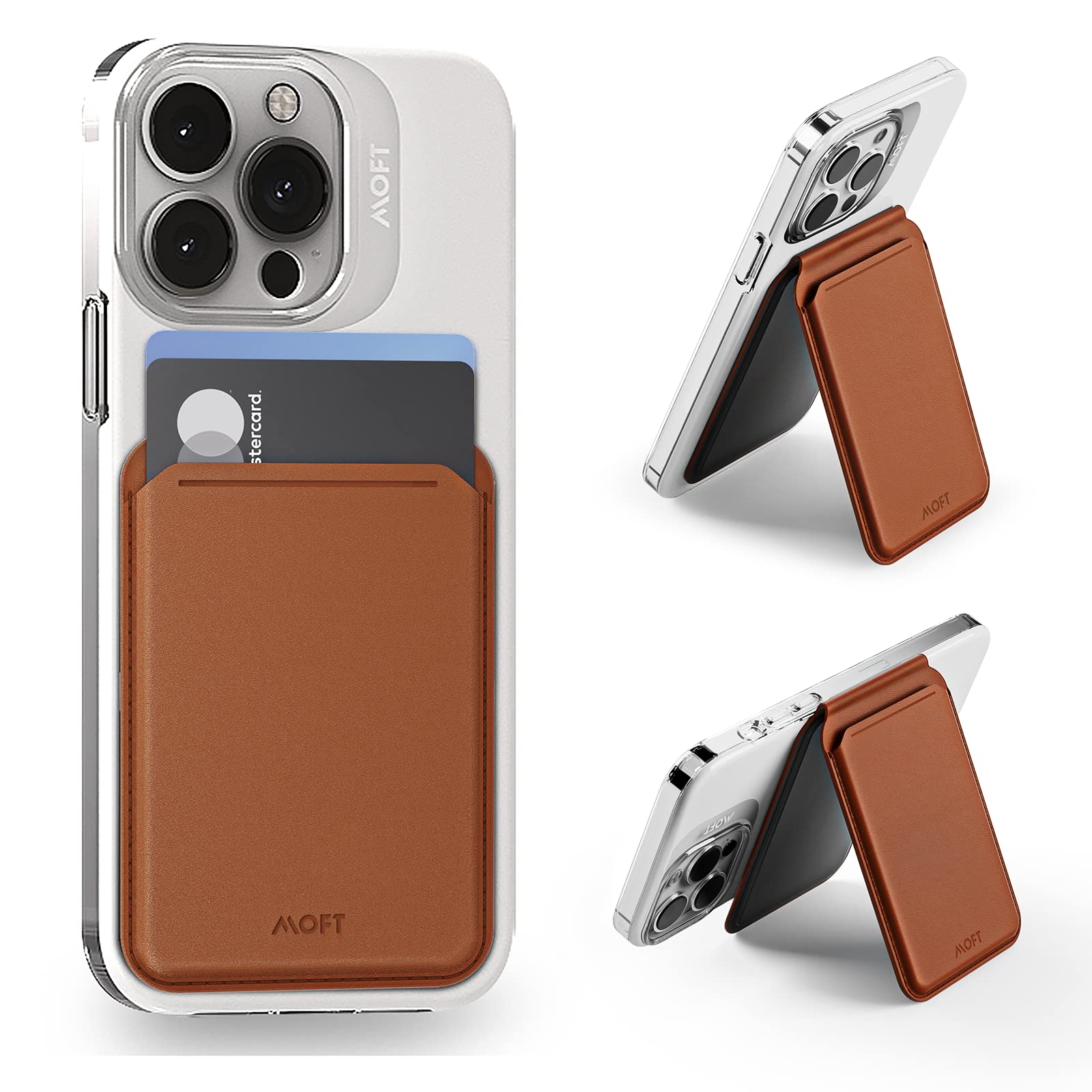 MOFT MagSafe Wallet Magnetic Card Holder, Adjustable Wallet Stand with Open ID Window, Vegan Leather Phone Stand for iPhone 16/15/14/13/12 Series, 2 Card Holder, Brown