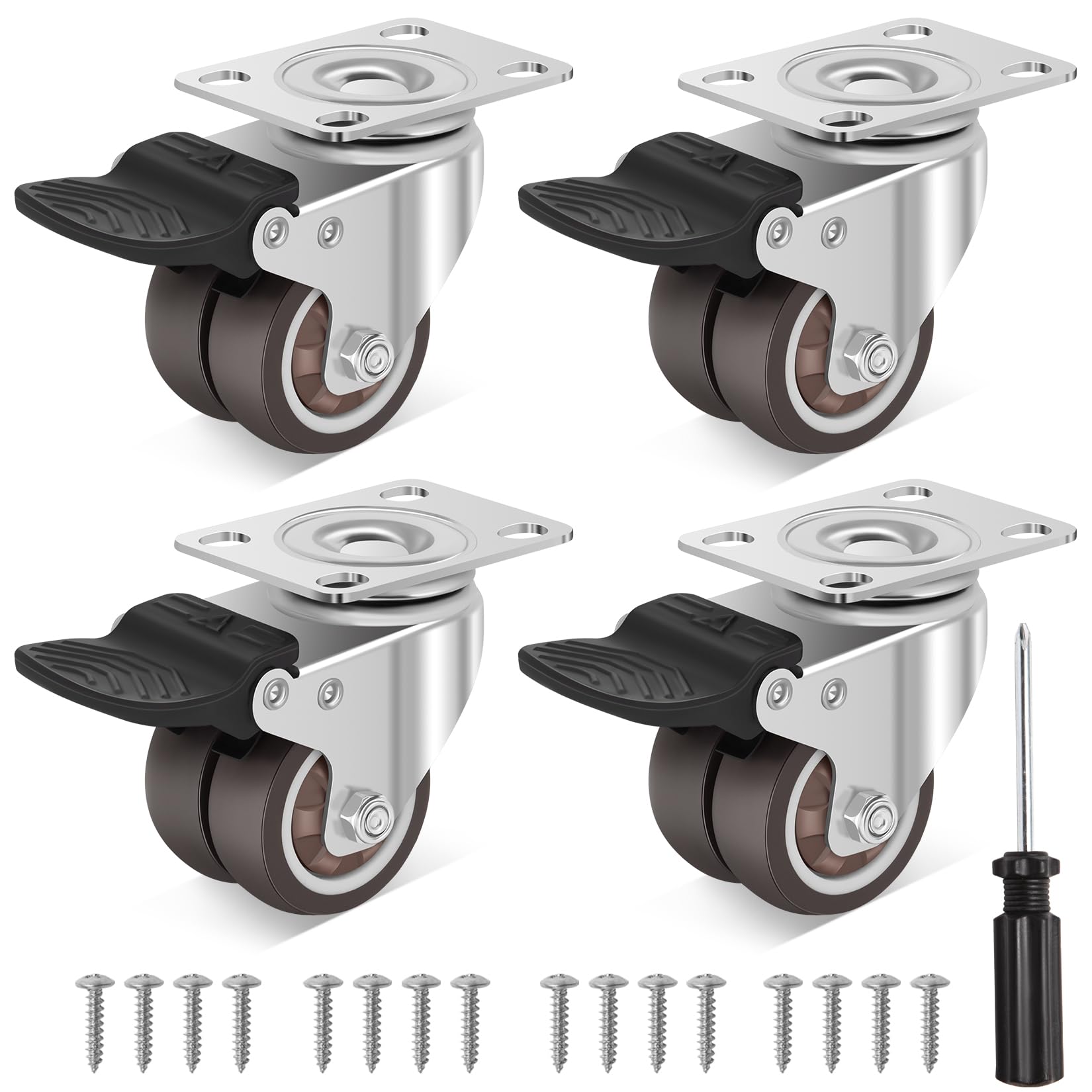 W B D WEIBIDA 2" Dual-Castor Wheels Heavy Duty with 4 Brakes, Rubber Casters with Load Capacity 900 Lbs, Silent & Non-marking Rubber Casters, Suitable for Furniture, Table, Bed, Pack of 4