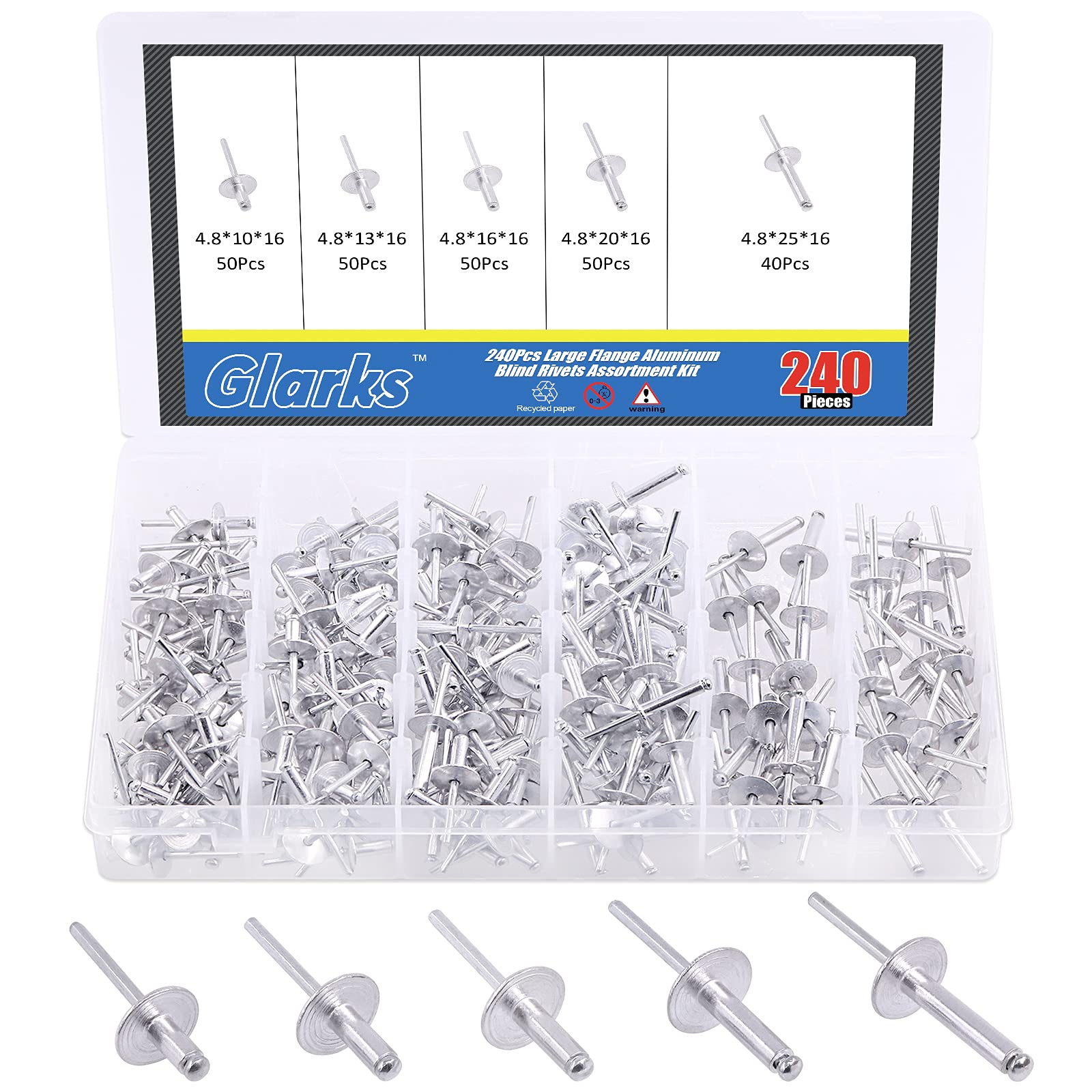 Glarks 240Pcs 3/16" x 3/8'' / 1/2'' / 5/8'' / 3/4'' / 1'' Large Flange Blind Rivets 5 Szie Aluminum Pop Rivets Assortment Set