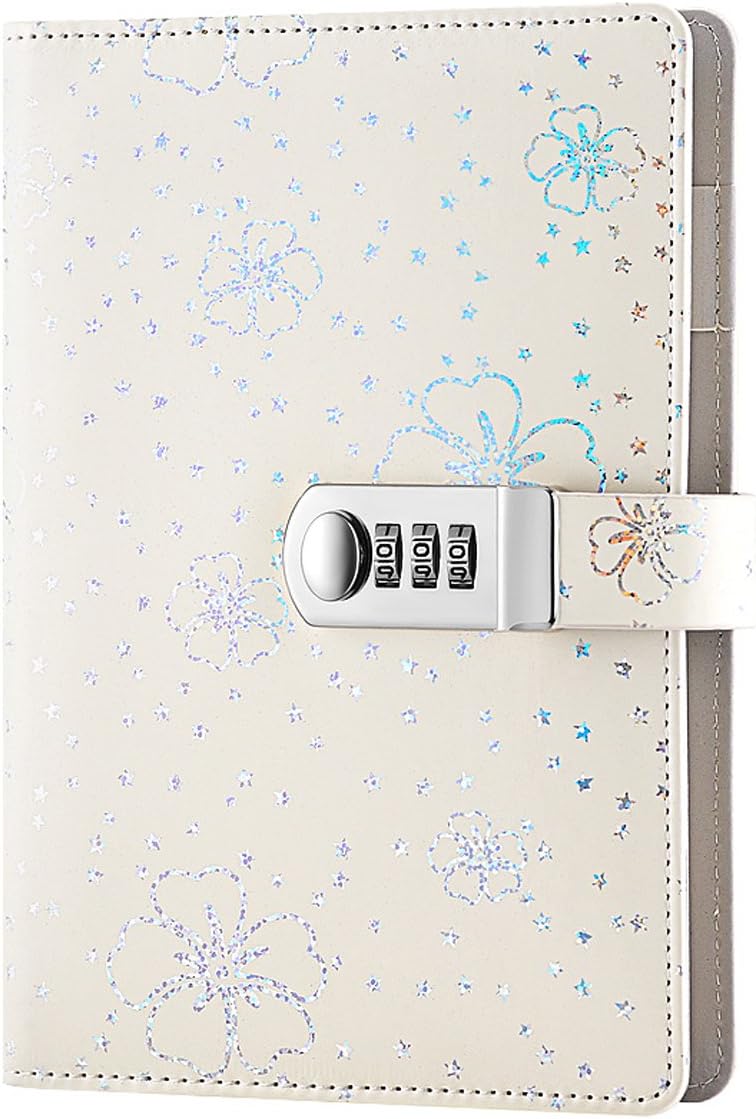 NectaRoy PU Leather Password Notebook Writing Journal Diary with Combination Lock, Flower and Star Pattern