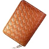 Ladies change card bag, zip storage bank card case, small portable 11 large capacity pouch, holds banknote change credit card(Brown woven pattern)