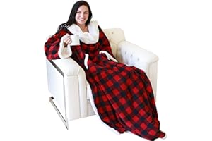 Catalonia Sherpa Wearable Blanket with Sleeves Arms,Super Soft Warm Comfy Large Fleece Plush Sleeved TV Throws Wrap Robe Blanket for Adult Women and Men,Buffalo Plaid Checkered