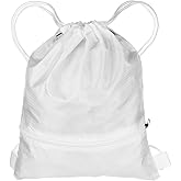 HARFINGTON Drawstring Backpack Bag 16.5" x 19.3" Oxford Cloth Bulk Cinch Sack Unisex Waterproof Draw String Back Sack with Zipper Pockets for Sports Gym Travel Swimming Beach, White