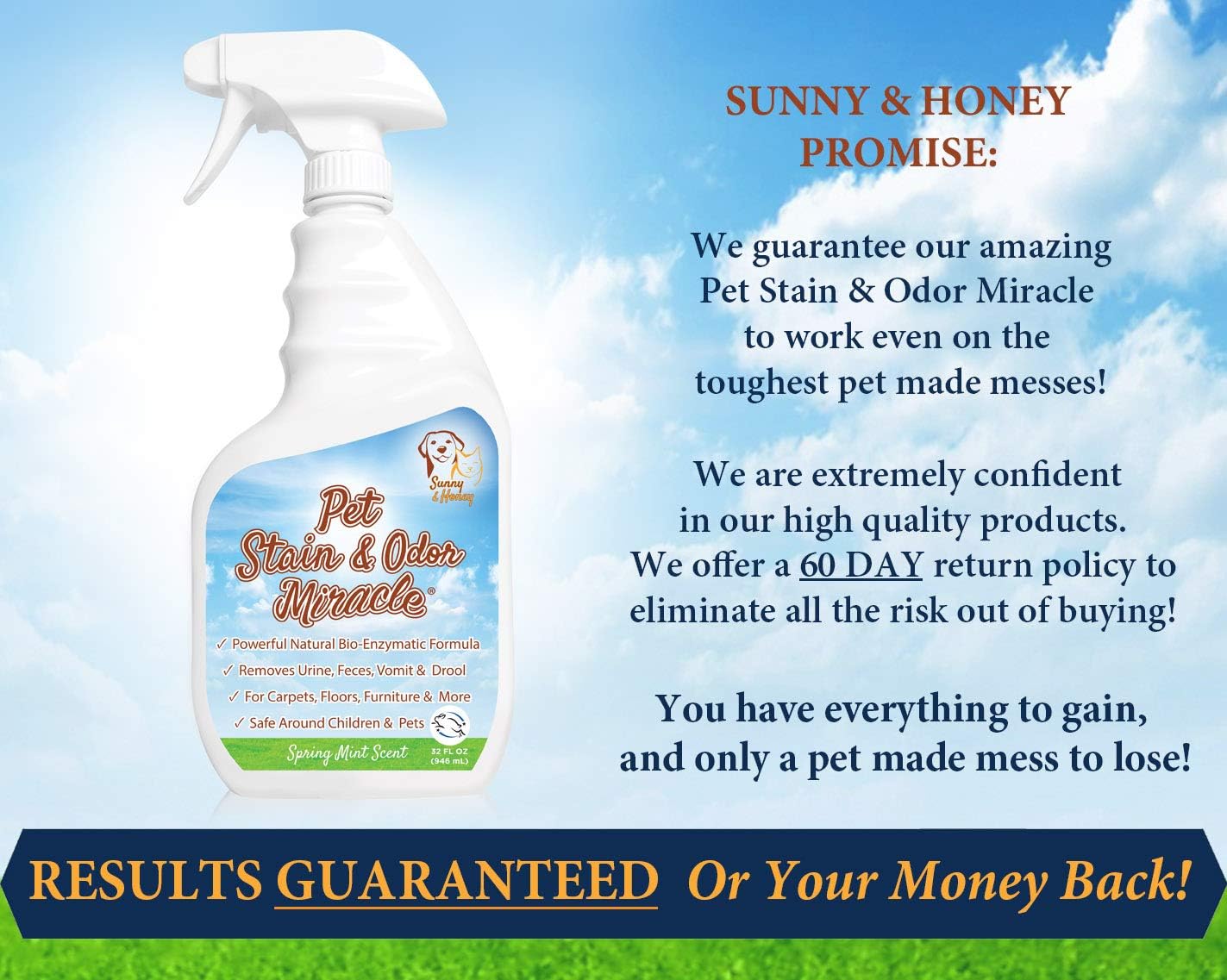 Pet Stain & Odor Miracle - The Best Enzyme Cleaner for Dog Urine Cat Pee Feces Vomit, Enzymatic Solution Cleans Carpet Rug Car Upholstery Couch Mattress Furniture, Natural Eliminator (S/M 32FL OZ): Kitchen & Dining