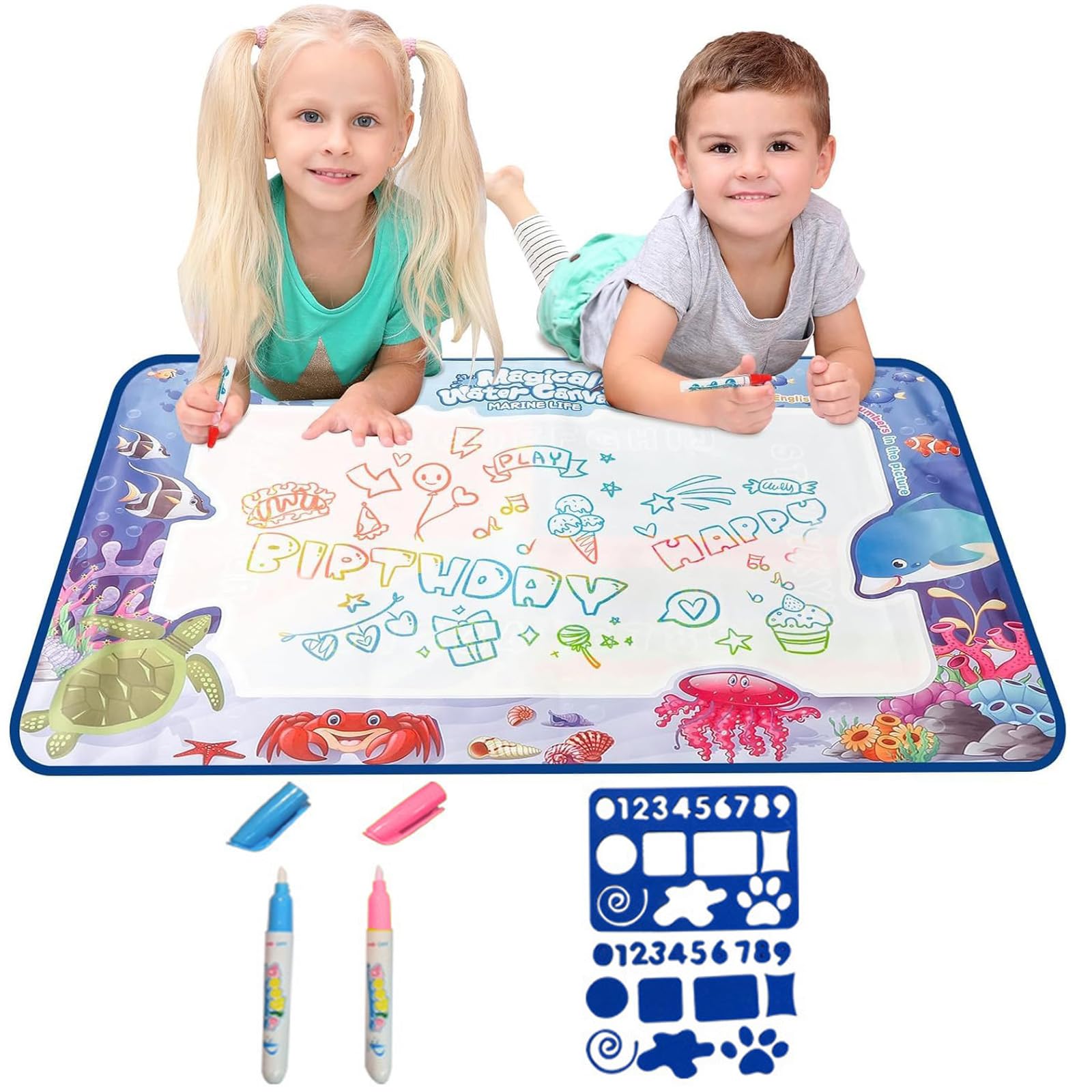 Water Doodle Mat, 44×32cm Water Drawing Mat with Magic Pens and Molds, Reusable No Mess Water Drawing Mat, Water Mat Drawing 2 3 4 5 6 Year Old Boy Educational Toy Gifts
