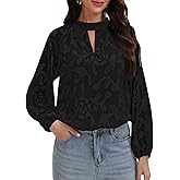 AIMCOO Womens Boho Embroidered Long Sleeve Blouse Dressy Business Casual Tops Keyhole Mock Neck Floral Shirts 2025 Fashion
