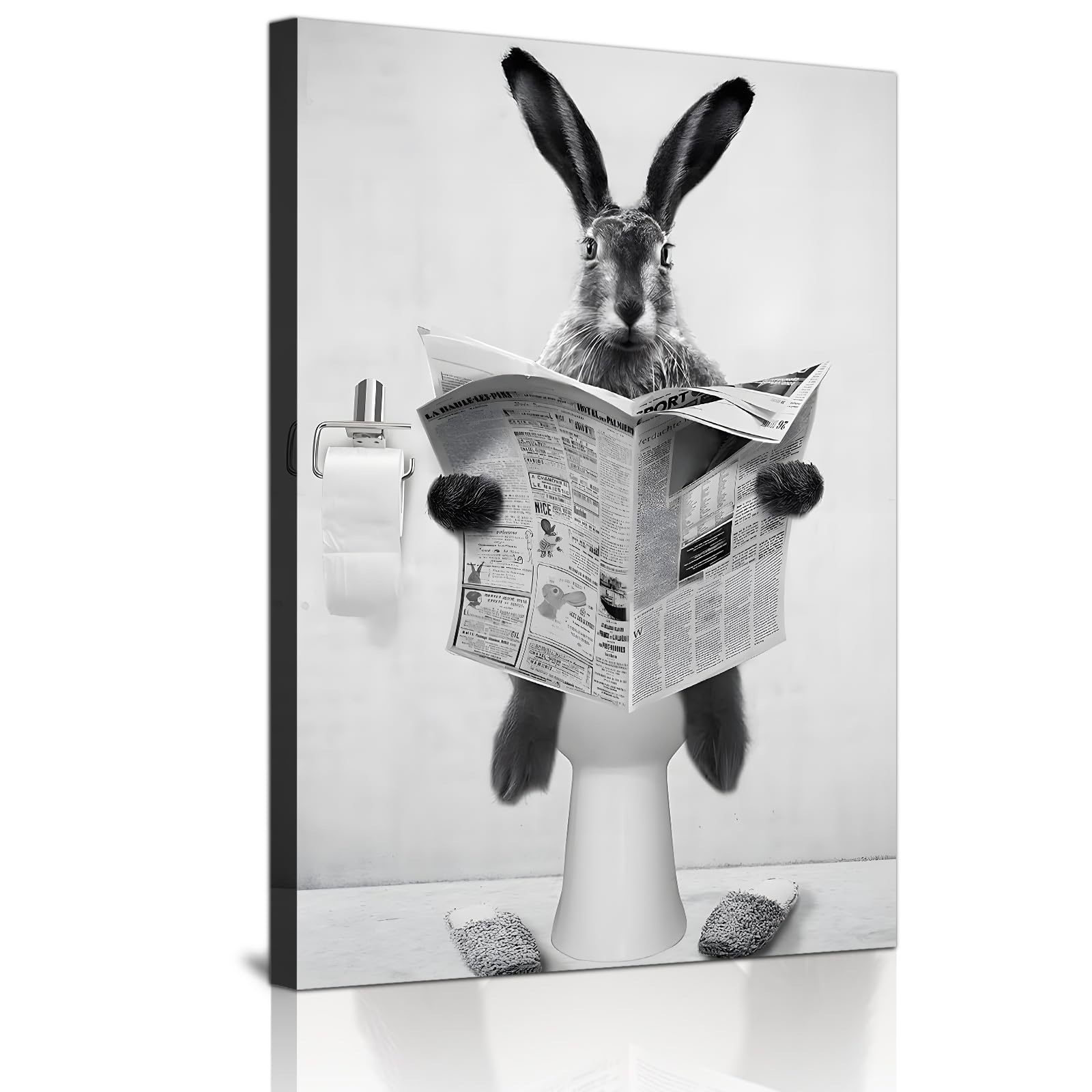 Cute Newspaper Animal Wall Art Black and White Canvas Printed Cabin Bathroom Decoration Bath Wall Picture Frameless (Rabbit, 1 Piece - 30 x 40 cm)