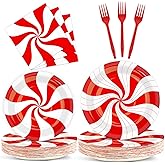 100Pcs Christmas Candy Cane Party Plates and Napkins Party Supplies Peppermint Party Tableware Set Red and White Striped Christmas Winter Party Decor Favors for Holiday Xmas Theme Party Serves 25